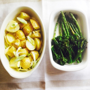 Asparagus, tenderstem broccoli, potato salad, spring onions